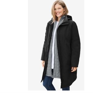 WOMAN WITHIN 3 in 1 Taslon Hooded Mid Length Coat Jacket Black/Gray SZ 22/24